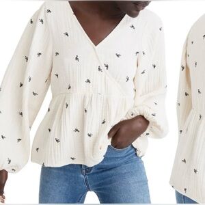 Madewell Cream Peplum Blouse with Black Embroidery